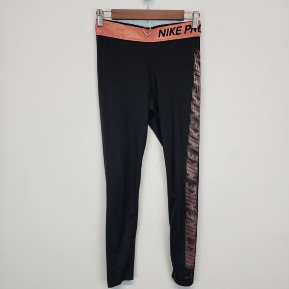 Nike Pro Warm Logo Athletic Leggings Size S Black Full Length Ankle Running Gorp - Picture 1 of 15